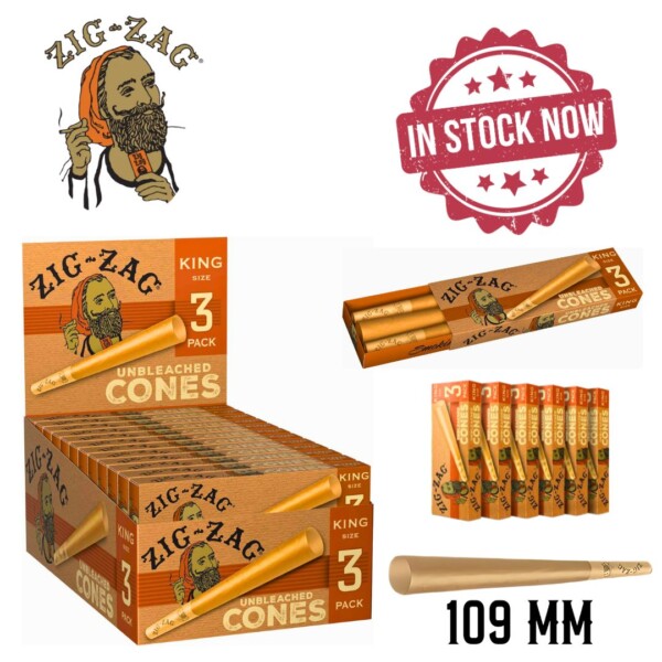 Zig Zag King Size Cones Unbleached- 24 Packs Per Box / 3 Cones Per Pack