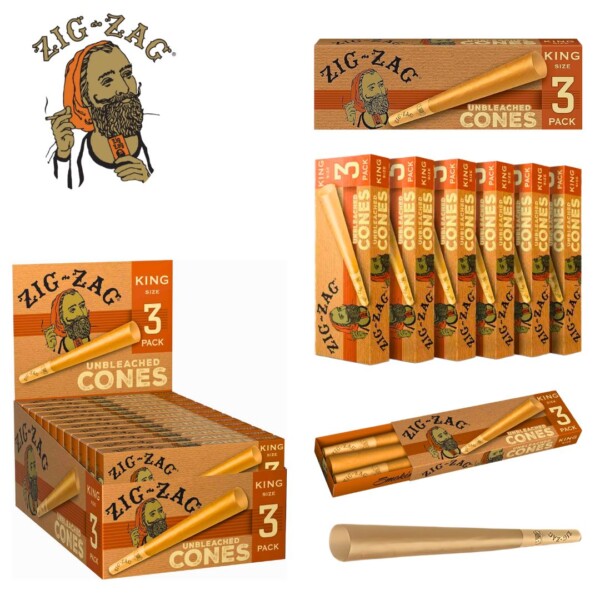 Zig Zag King Size Cones Unbleached- 24 Packs Per Box / 3 Cones Per Pack - Image 2